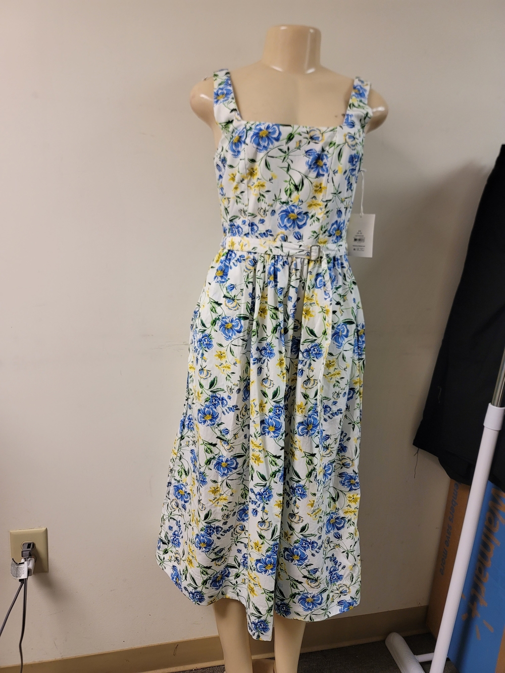 White Floral Midi Dress with Blue and Yellow Flowers